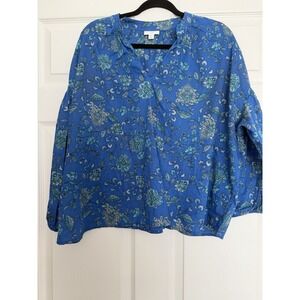 J Jill Oversized Split-Neck Top Royal Blue Thriving Jacobean L 100% Cotton